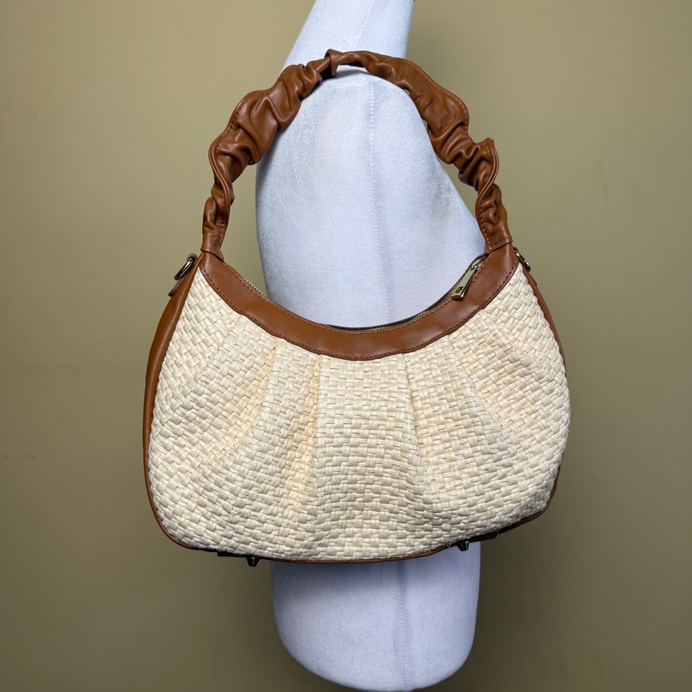 Valentina Fiore Leather/Straw Hobo Bag Woven Made in Italy Coastal Summer Chic - Picture 3 of 11